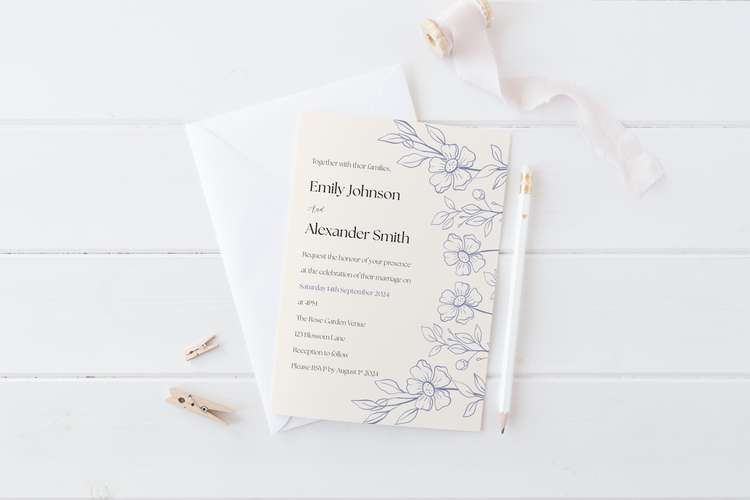 A wedding invitation that has delicate blue floral illustrations on the right edge, with text inviting guests to the wedding of Emily Johnson and Alexander Smith on 14th September 2024 at The Rose Garden Venue, followed by reception details.