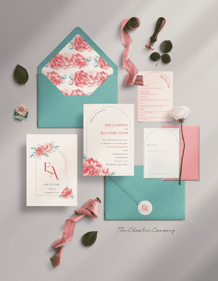 A suite featuring floral design. The suite includes a Save the Date card, an invitation card with a bold serif font, an RSVP card, and a details card. Each card features soft pink and teal tones with floral accents, highlighted in the envelope liner.