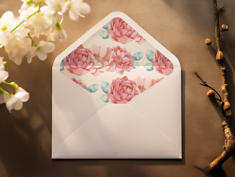 A close-up of an open white envelope with a floral liner in soft pink and teal hues. The floral pattern consists of large watercolor-style flowers, adding an elegant and romantic touch.
