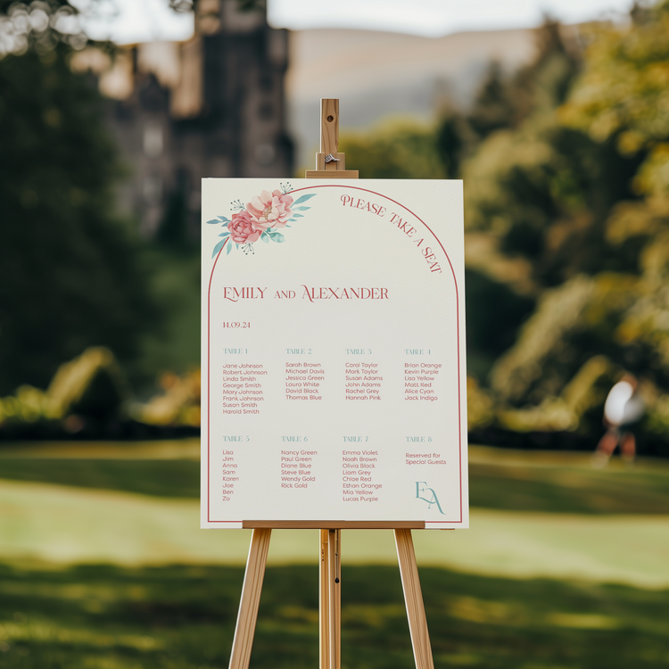 The seating chart is titled "Please Take A Seat" at the top, and the names "Emily and Alexander" are written in elegant red script below it, along with the wedding date 14.09.24.