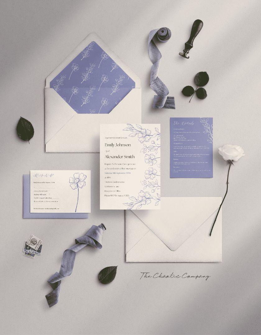 A wedding invitation suite with a delicate floral theme in soft lavender and white tones. The suite includes an invitation card with elegant floral line art and a matching RSVP card featuring a simple flower illustration. The set also contains a lavender details card and is presented in a white envelope with a floral lavender liner.