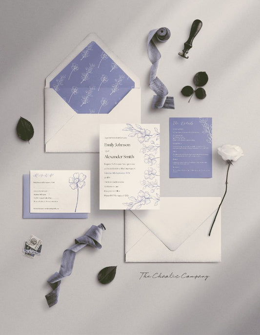A wedding invitation suite with a delicate floral theme in soft lavender and white tones. The suite includes an invitation card with elegant floral line art and a matching RSVP card featuring a simple flower illustration. The set also contains a lavender details card and is presented in a white envelope with a floral lavender liner.