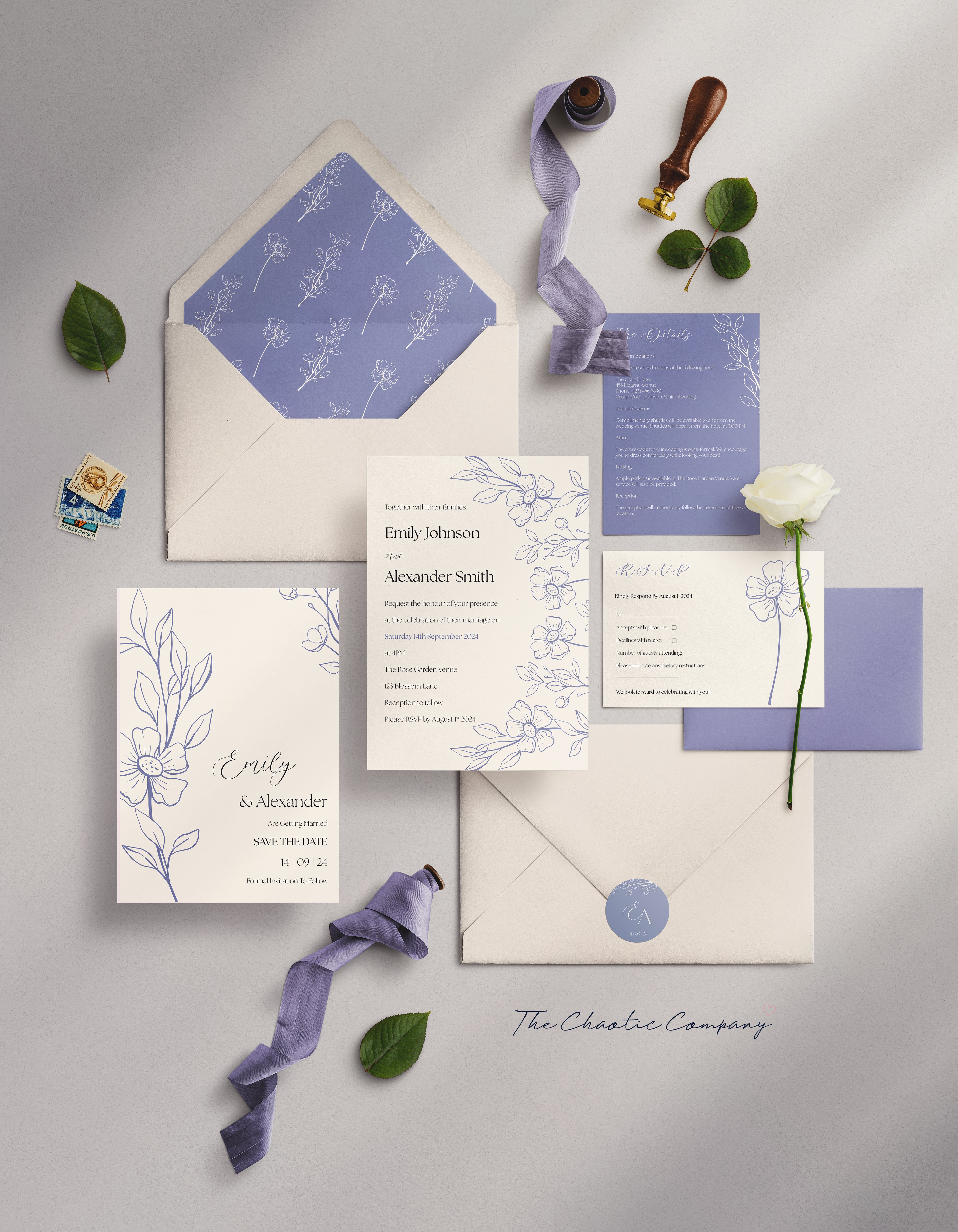 A wedding invitation suite in a refined and elegant floral theme with soft lavender and white tones. The set includes a Save the Date card and an invitation card adorned with delicate hand-drawn floral illustrations. The suite also contains an RSVP card and a lavender details card, all placed inside a white envelope with a floral-patterned liner in matching lavender.