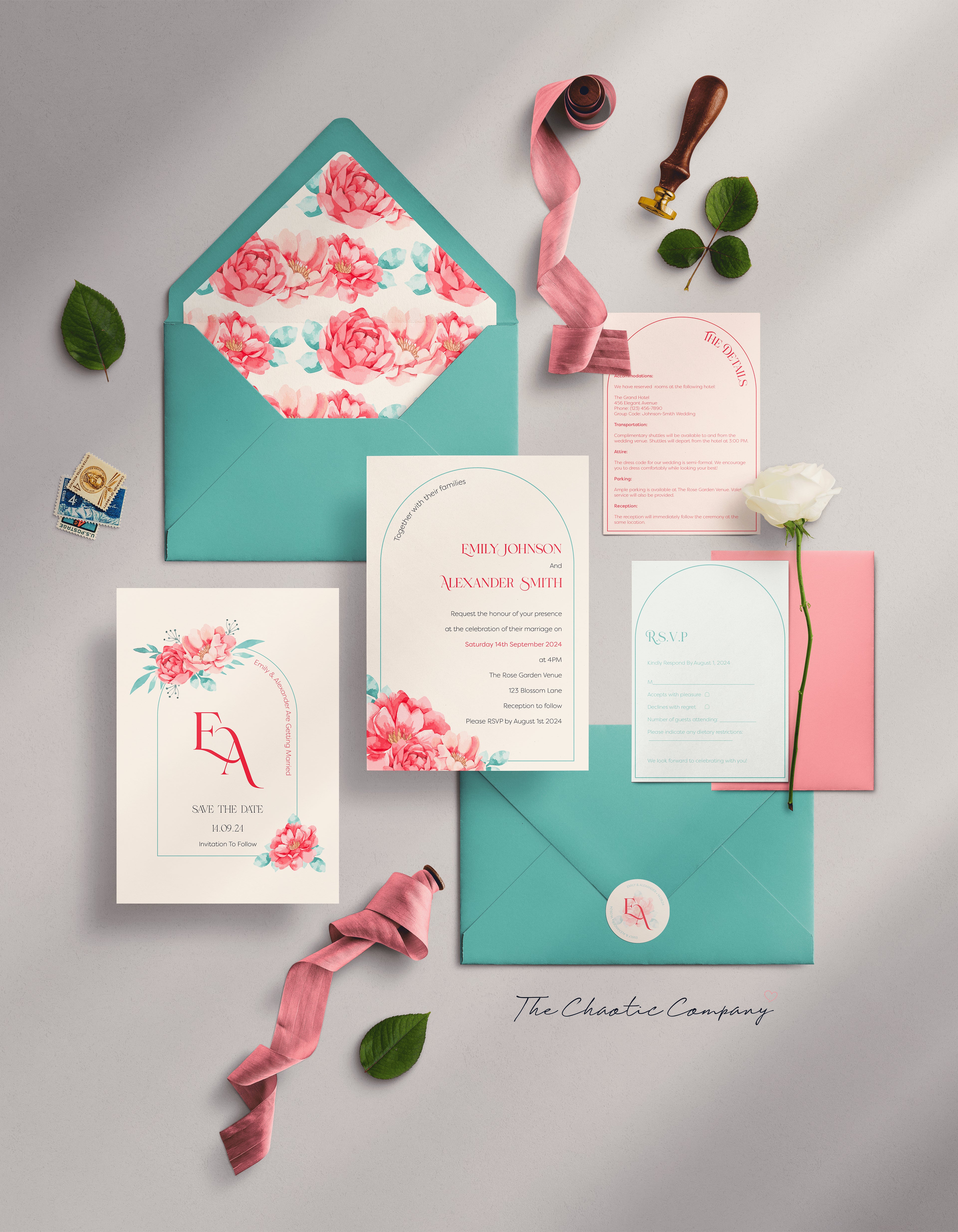 This image displays a complete wedding invitation suite featuring floral and minimalist designs. The suite includes a Save the Date card with the initials "E & A," an invitation card with the names "Emily Johnson and Alexander Smith" in a bold serif font, an RSVP card, and a details card. Each card features soft pink and teal tones with floral accents, especially highlighted in the envelope liner, which showcases bold pink and teal flowers.