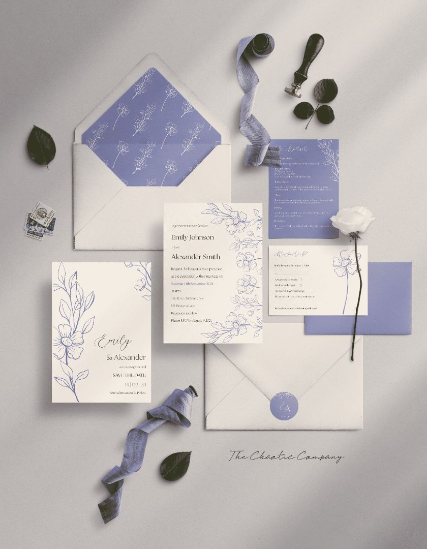 A suite with lavender and white tones. The set includes a Save the Date card and an invitation card  with floral illustrations. The suite has an RSVP card and a lavender details card, placed in a white envelope with a floral-patterned liner.