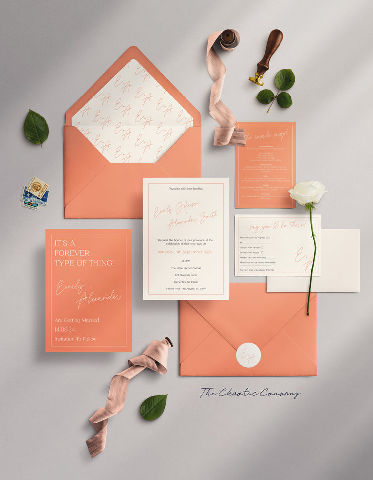 A suite in peach and white tones. The set includes a Save the Date card with an invitation card with an elegant script fonts. The suite also includes an RSVP card, a details card, and a matching peach envelope with a monogram liner showcasing "E & A".