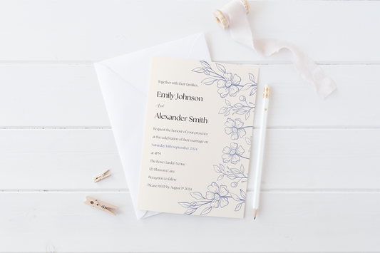 A wedding invitation laid on a white wooden surface alongside a white envelope, pencil, and decorative ribbon. The invitation includes delicate blue floral illustrations on the right edge, with text inviting guests to the wedding of Emily Johnson and Alexander Smith on 14th September 2024 at The Rose Garden Venue, followed by reception details.