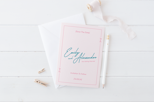 
A modern and minimalistic "Save the Date" card for Emily and Alexander's wedding is displayed on a white wooden surface. The card has a soft blush pink background with teal and fuchsia typography. The names "Emily and Alexander" are elegantly written in the center, accompanied by the wedding date "14.09.24" at the bottom. A thin decorative border surrounds the card, with "E+A" displayed in the corners.