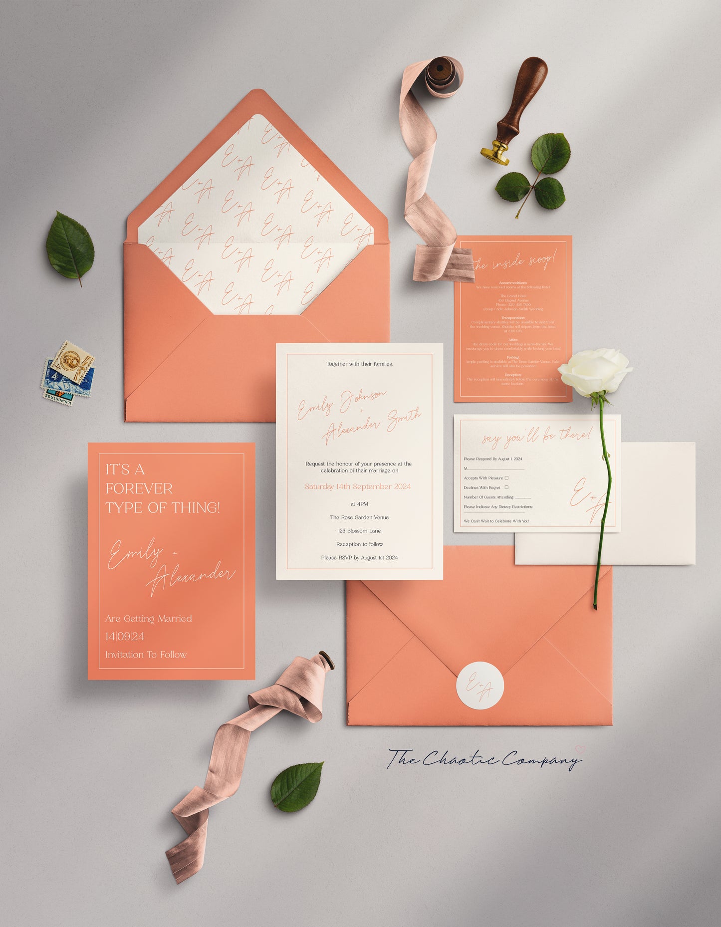 A vibrant wedding invitation suite in bold peach and white tones. The set includes a Save the Date card with the phrase "It's a Forever Type of Thing!" and the names "Emily & Alexander," along with an invitation card featuring elegant script fonts for the couple's names. The suite also includes an RSVP card, a details card, and a matching peach envelope with a monogram liner showcasing "E & A" in a repeating pattern.