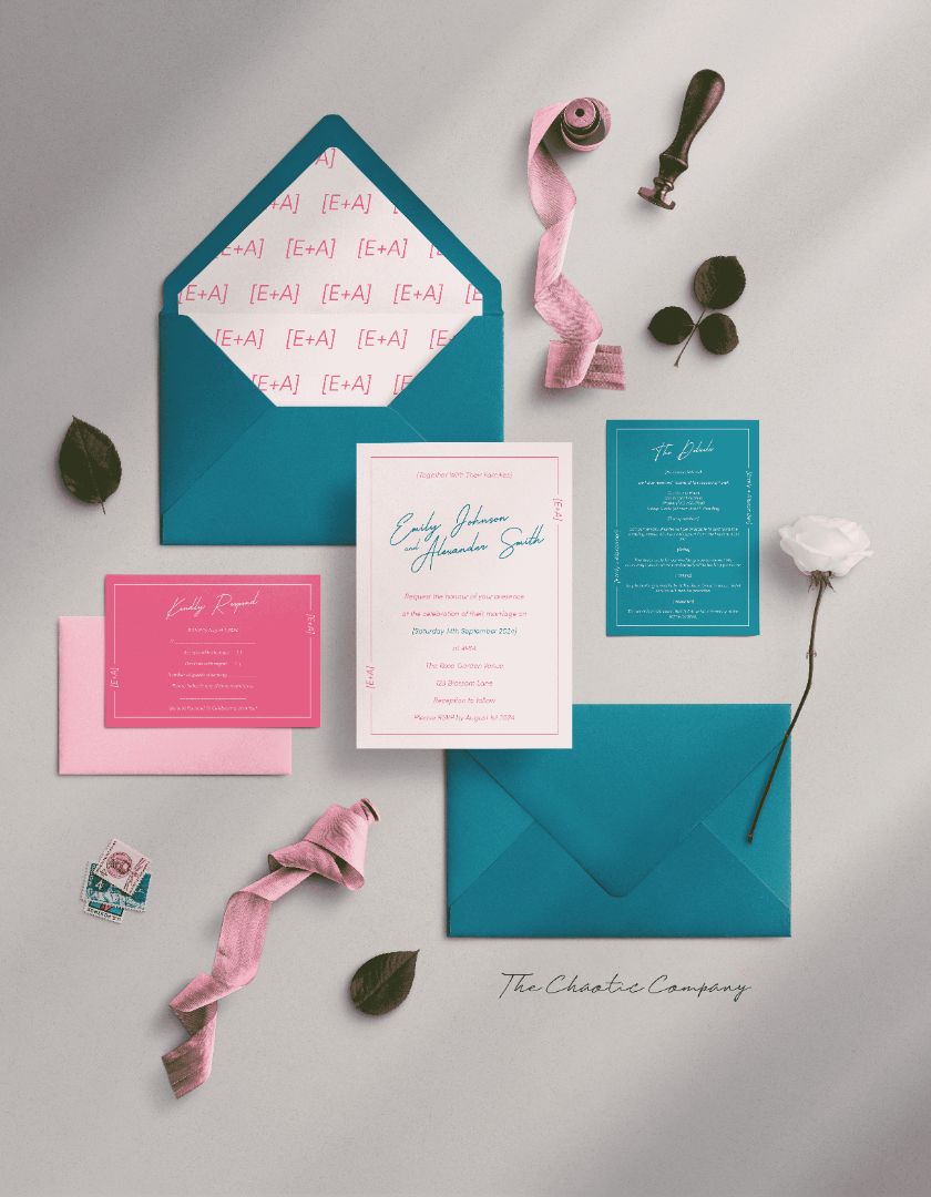 A vibrant wedding invitation suite in bold teal and pink tones. The set includes an invitation card featuring the names "Emily Johnson and Alexander Smith" in teal script with pink accents, an RSVP card in bright pink, a teal details card, and a teal envelope with a custom [E+A] monogram liner. 