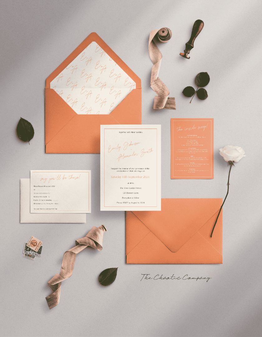 A complete wedding invitation suite in bold peach and cream tones. The set includes an invitation card featuring the names "Emily Johnson and Alexander Smith" in an elegant serif and script combination, an RSVP card with the phrase "say you'll be there!," a details card titled "the inside scoop," and a peach envelope with a monogram liner featuring "E & A" in a repeating pattern.