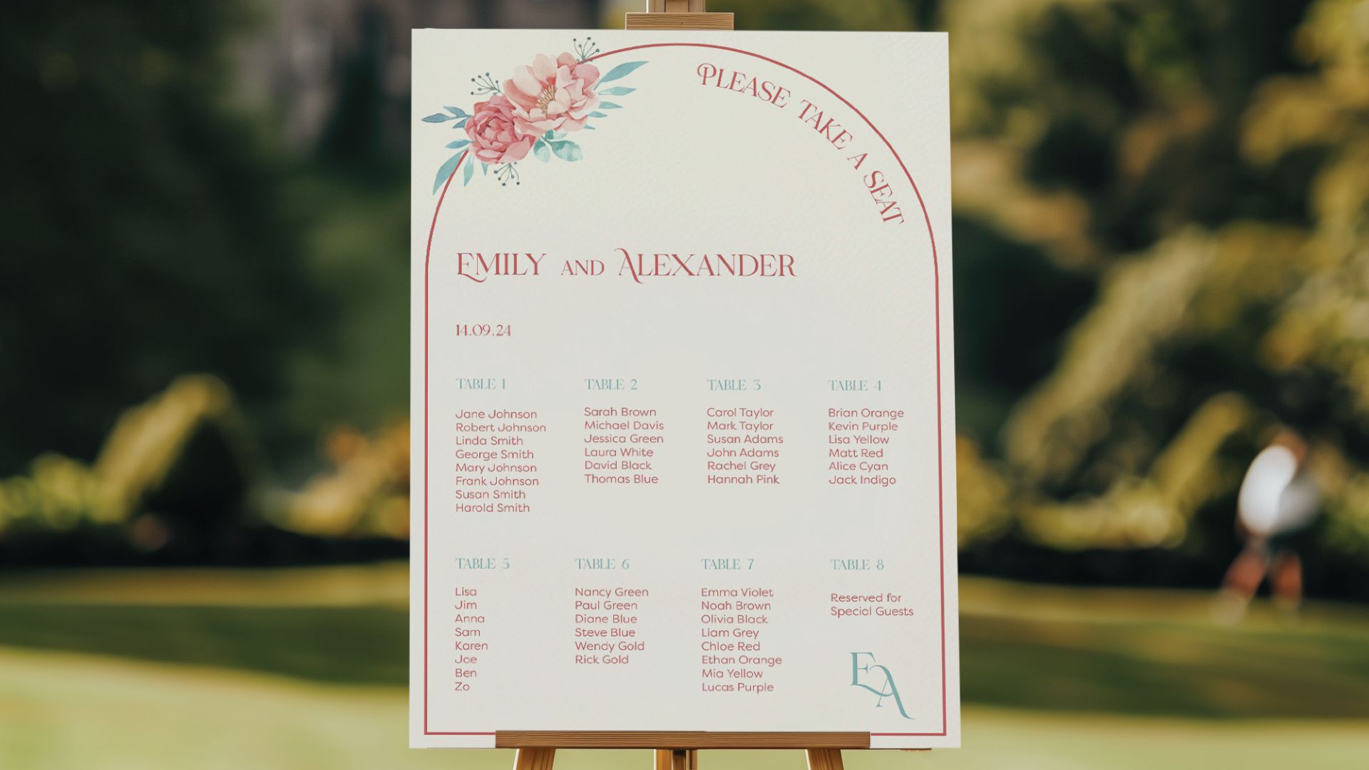 The seating chart is titled "Please Take A Seat" at the top, and the names "Emily and Alexander" are written in elegant red script below it, along with the wedding date "14.09.24." The top left corner of the chart features a floral illustration of pink and peach flowers.