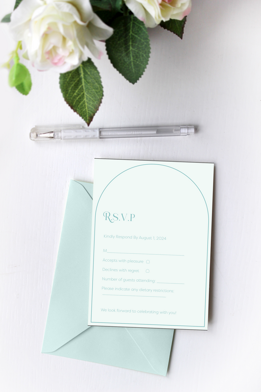 This image displays an RSVP card with a minimalist design featuring elegant teal text. The card includes fields for guests to indicate their acceptance or declination, number of guests attending, and any dietary restrictions. The header reads "Kindly Respond By August 1, 2024," with "R.S.V.P" prominently displayed on the right side. 