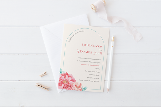 A "Save the Date" card for Emily and Alexander's wedding is displayed on a white wooden surface. The card features pink and green floral illustrations with their initials "E" and "A" in bold red. It includes the date "14.09.24" and the note "Invitation To Follow."